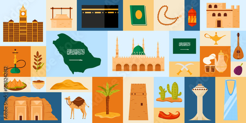 Collage showcasing Saudi Arabia landmarks, cultural symbols, and traditions. A vibrant depiction of Saudi heritage and Islamic history vector illustration.