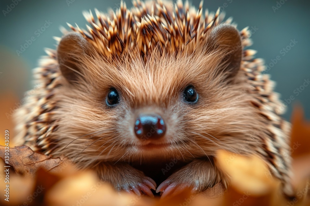Fototapeta premium Adorable hedgehog nestled among fall foliage, creating a charming autumnal scene