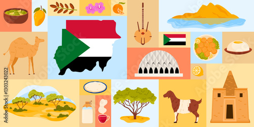 This captivating image showcases cultural symbols of Sudan, including traditional foods, unique wildlife, and important landmarks, all beautifully illustrated in a vibrant vector style