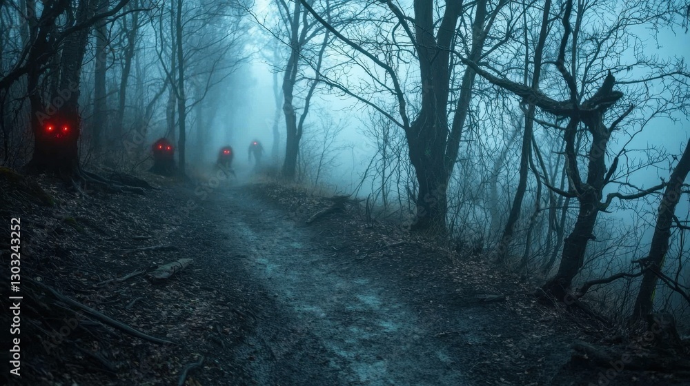 Obraz premium Silhouetted figures with glowing red eyes appear in a foggy forest during twilight. The dark, winding path is surrounded by barren trees, enhancing the unsettling mood