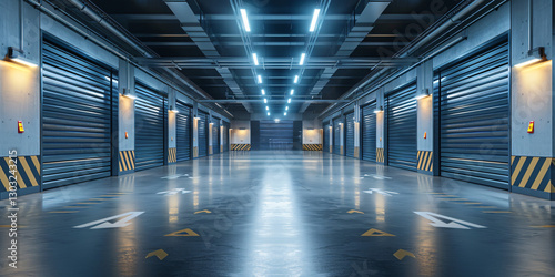 A modern global freight warehouse with tall stacks of freshly sealed wooden crates and new metal containers, a spotless sliding door. photo
