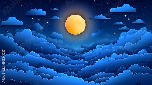 Night sky moon shining over fluffy clouds