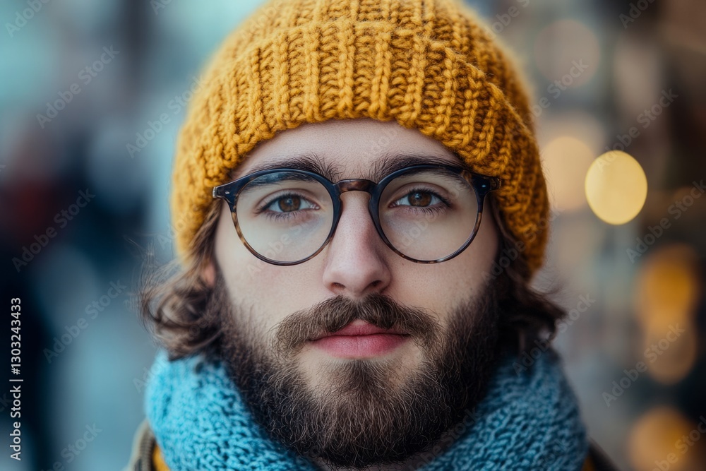Close-up portrait of a stylish bearded man wearing a yellow woolen hat, blue scarf and glasses during winter Close-up portrait of a stylish bearded man wearing a yellow woolen hat, blue scarf and glasses during winter