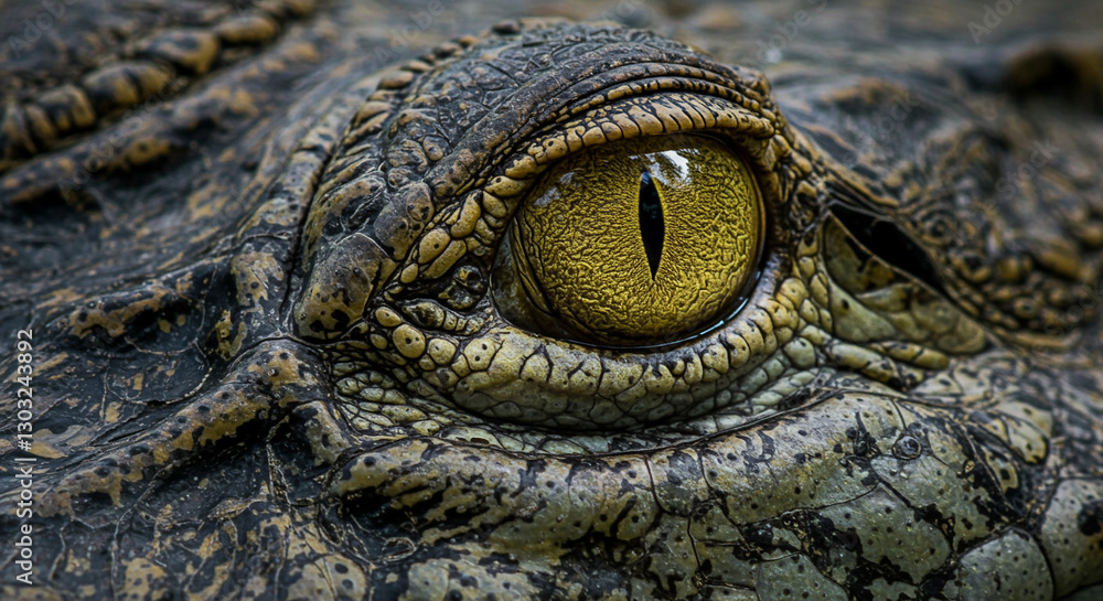 Close-up of a crocodile's eye with intricate details and textured skin Close-up of a crocodile's eye with intricate details and textured skin