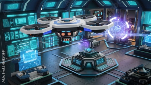 Wallpaper Mural Smart AI Drone camera on technology room, computer room with smart drone, tech illustration, blue color, computer science wallpaper Torontodigital.ca