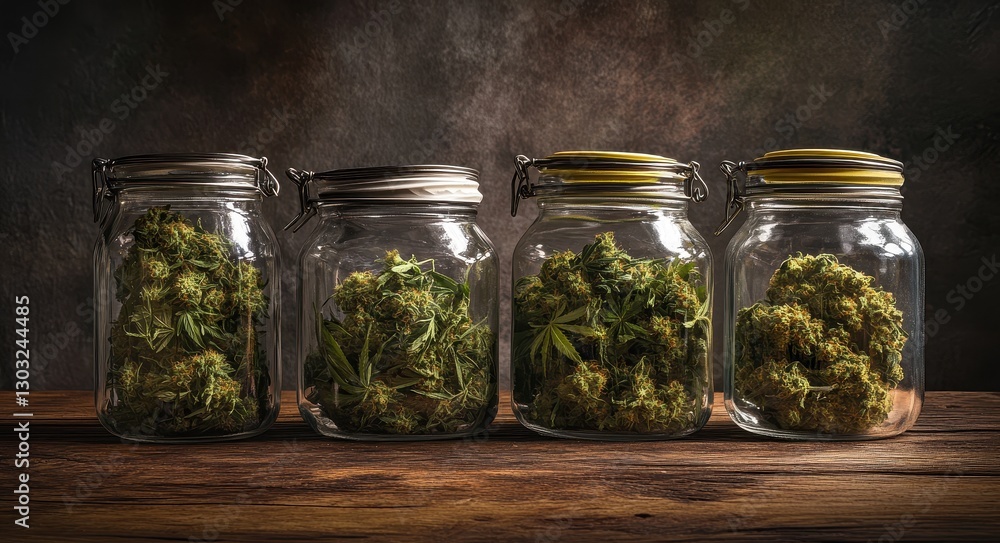 Assorted Jars of Cannabis Strains: Exploring Diverse Ganja Varieties for Recreational and Medicative Use Assorted Jars of Cannabis Strains: Exploring Diverse Ganja Varieties for Recreational and Medicative Use