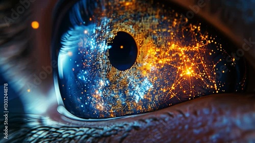 Digital Eye: A close-up of a human eye, with digital light patterns overlaid across the iris, symbolizing vision, technology, and the intersection of human and artificial intelligence