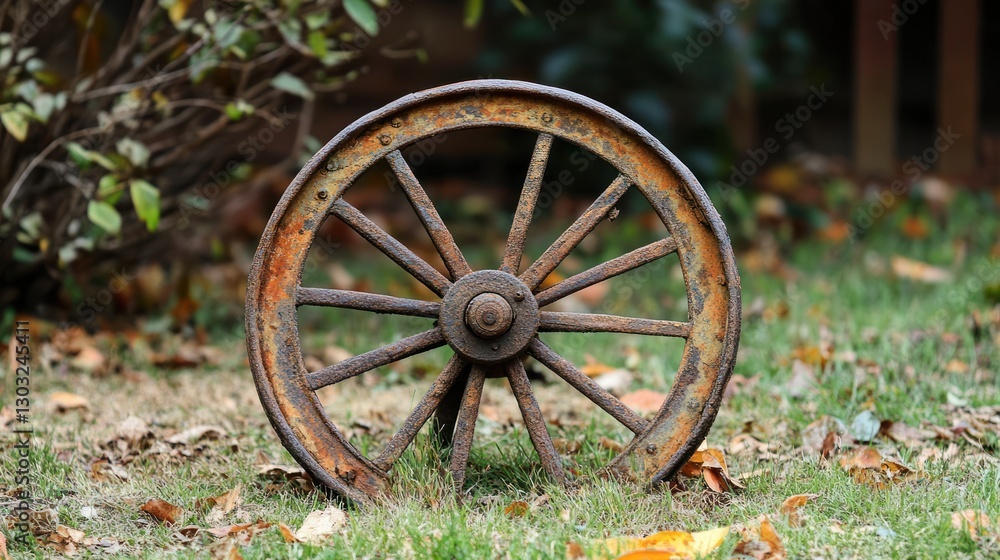 Rustic, weathered wooden wheel in autumnal setting. Rustic, weathered wooden wheel in autumnal setting.