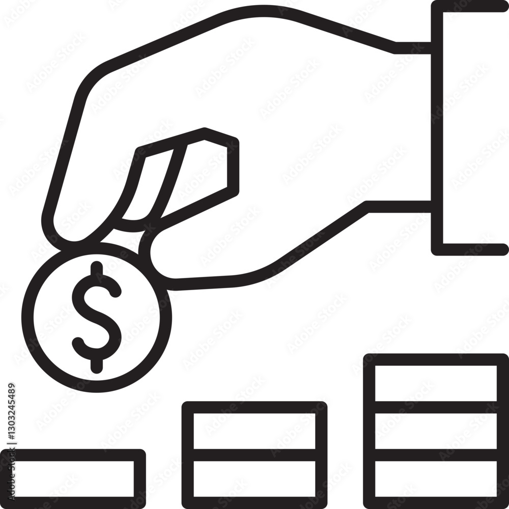 Hand placing a coin on stacked bars line icon Hand placing a coin on stacked bars line icon