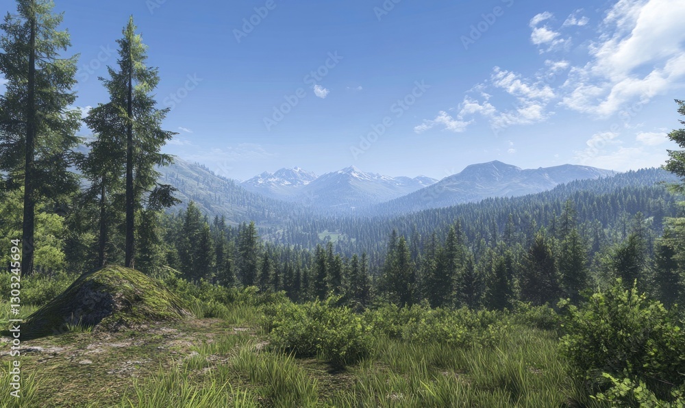 Fototapeta premium panoramic view of the dense green forests in the Mountains, with mountains visible on the horizon