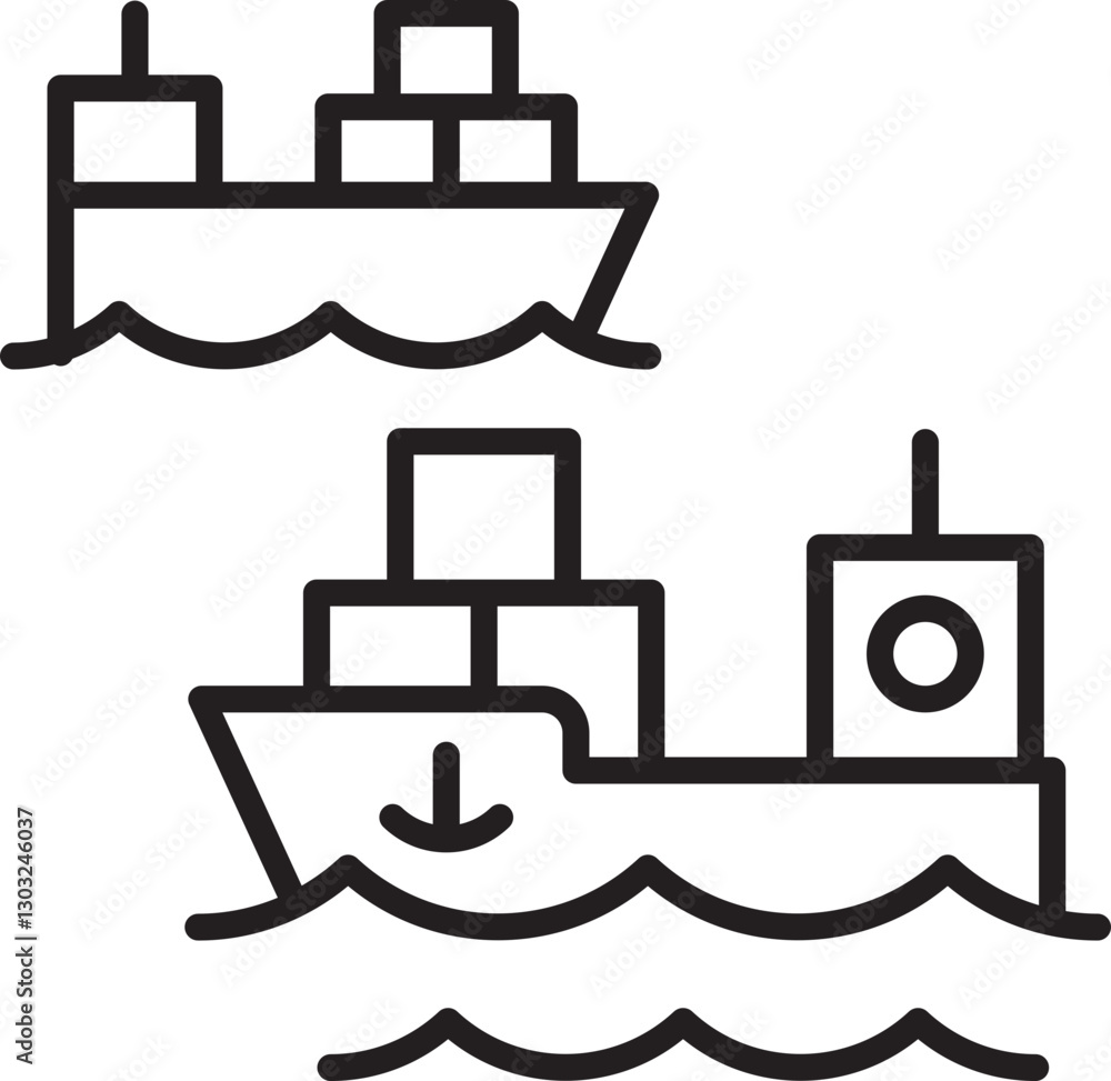 Two cargo ships on waves line icon Two cargo ships on waves line icon