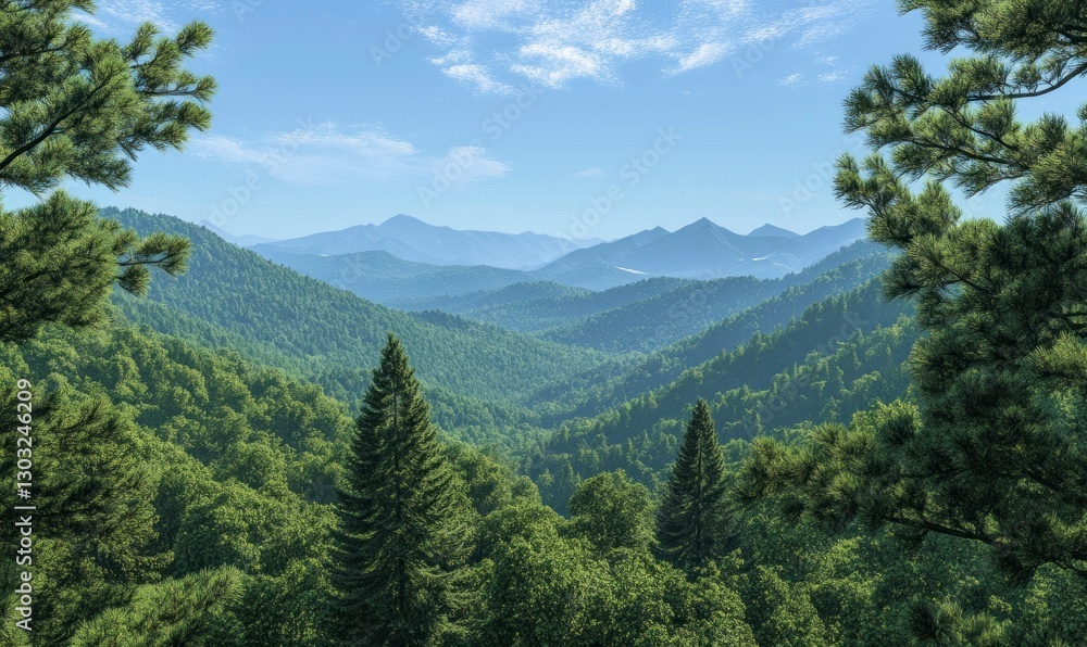panoramic view of the dense green forests in the Mountains, with mountains visible on the horizon panoramic view of the dense green forests in the Mountains, with mountains visible on the horizon