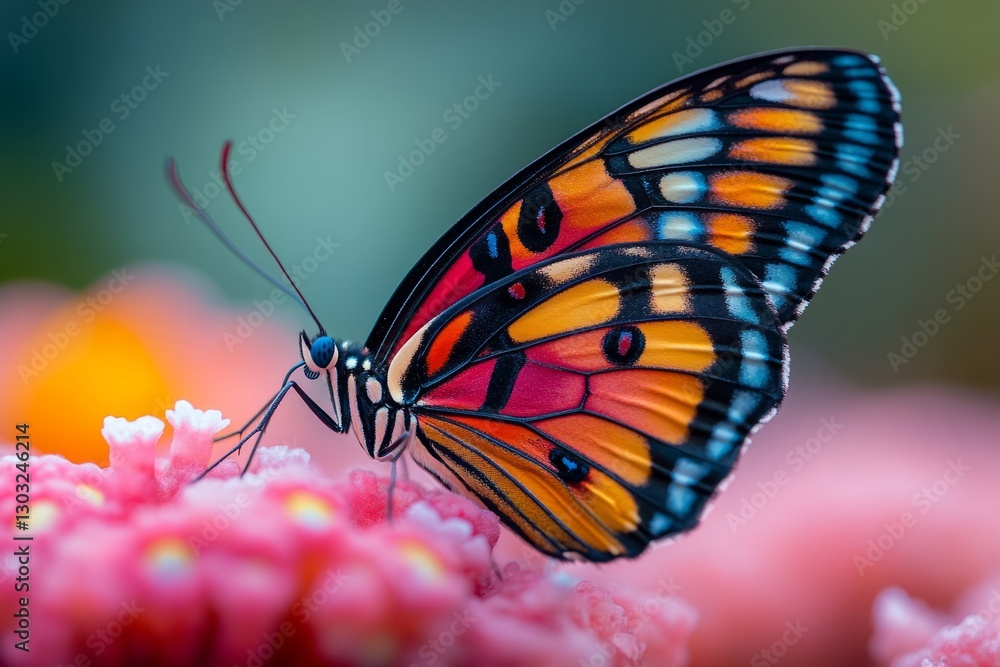 Vibrant butterfly with orange, red, black, and blue wings feeding on a pink flower in a natural setting, showcasing the beauty of wildlife Vibrant butterfly with orange, red, black, and blue wings feeding on a pink flower in a natural setting, showcasing the beauty of wildlife