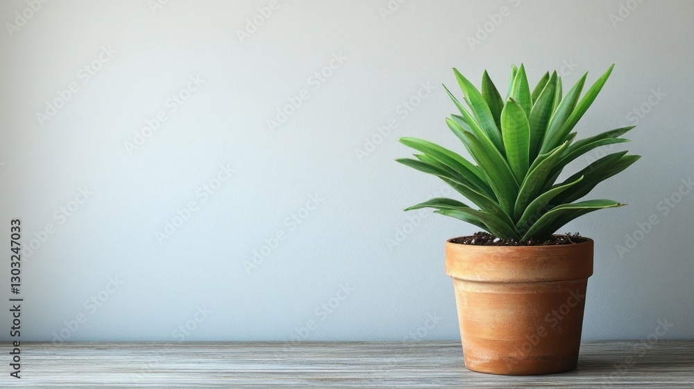 Fototapeta premium Green plant in terracotta pot on wooden surface against light wall.