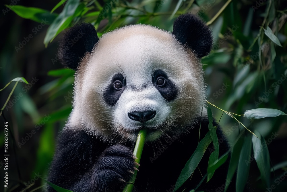 Adorable panda cub enjoying a meal of fresh bamboo in its natural habitat Adorable panda cub enjoying a meal of fresh bamboo in its natural habitat