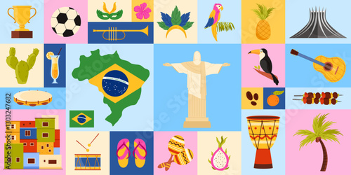 Vector illustration showcasing Brazilian cultural elements, including iconic landmarks, foods, and national traditions. Highlights Brazil cultural diversity.
