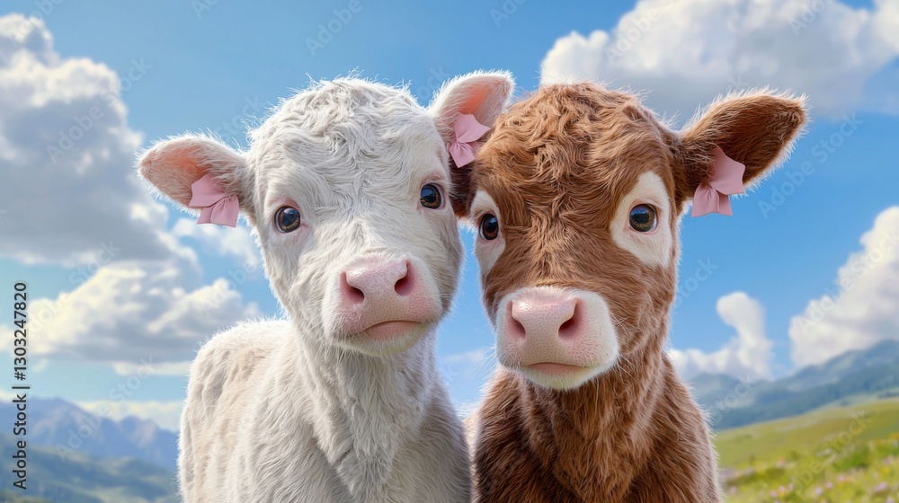Two fluffy calves standing close together in a picturesque mountain meadow, one with a soft silver gray coat and the other a light caramel color Two fluffy calves standing close together in a picturesque mountain meadow, one with a soft silver gray coat and the other a light caramel color