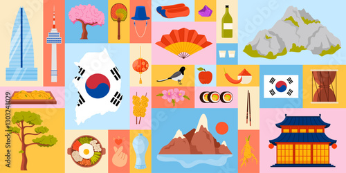 Travel to South Korea, geometric infographic banner design with Korean culture, landmarks and food. Map with country flag, rocks and Gyeongbokgung palace, kimchi and soju cartoon vector illustration