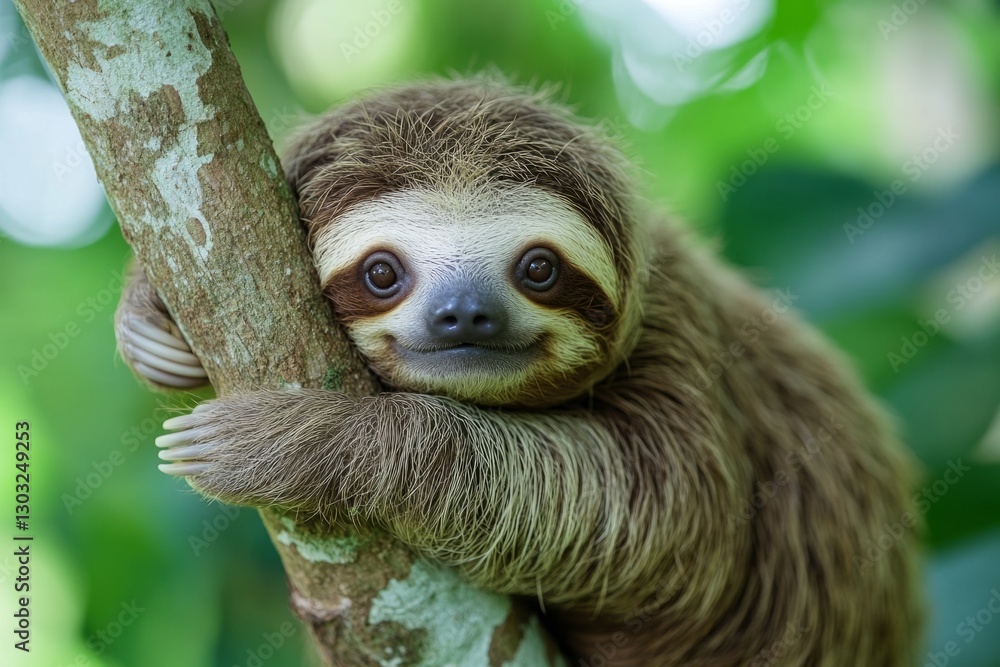 Brown-throated three-toed sloth resting on a tree branch in its natural habitat Brown-throated three-toed sloth resting on a tree branch in its natural habitat