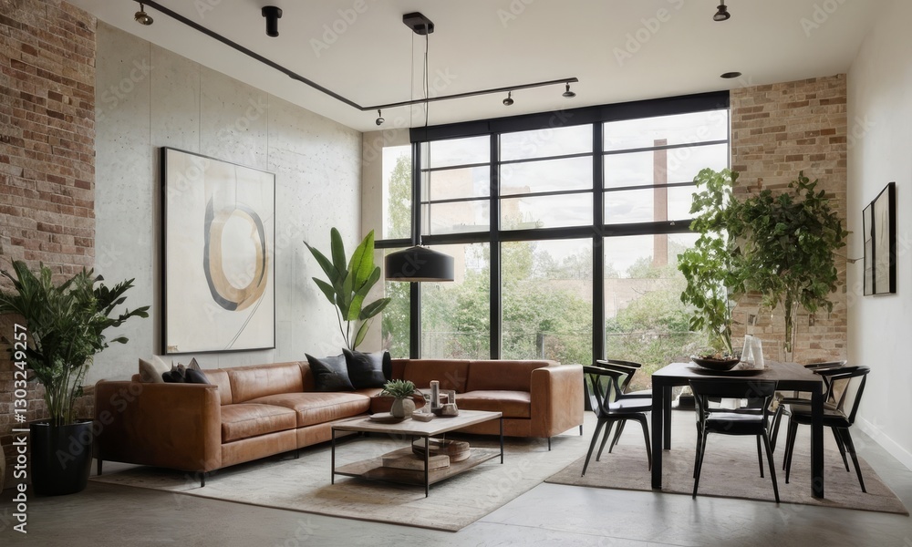 Fototapeta premium Elegant living room interior with modern design and ample natural light creating a welcoming and sophisticated space