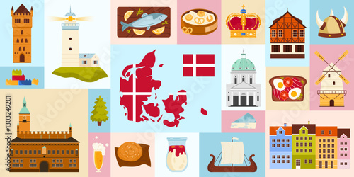A vibrant and colorful collage that showcases the famous landmarks, delicious food, and rich traditions of Denmark vector illustration. Represents danish national identity.