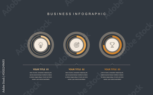 Business infographic template concept with icons and 3 step, workflow layout, circle, diagram, report, Company flowchart presentation slide, vector, illustration.