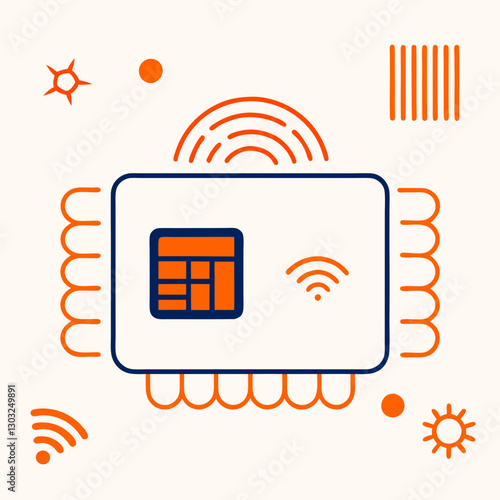 Vector Stylized illustration of a wireless payment terminal with signal icons and decorative elements