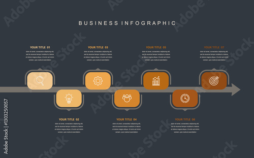 Business road map timeline infographic concept. with icons and 7 steps. Corporate milestones graphic elements. marketing data. Modern vector history timeline design presentation