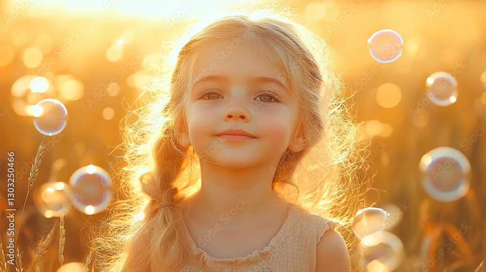 cute little girl playing with soap bubbles in wheat field at sunset cute little girl playing with soap bubbles in wheat field at sunset