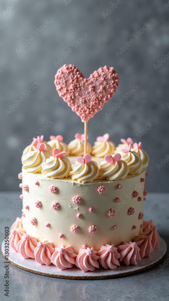 Romantic Heart-Adorned Cake with Elegant Topper on Gray Background - Perfect for Valentine's Day, Weddings, Bakery Marketing, or Anniversary Celebrations Romantic Heart-Adorned Cake with Elegant Topper on Gray Background - Perfect for Valentine's Day, Weddings, Bakery Marketing, or Anniversary Celebrations
