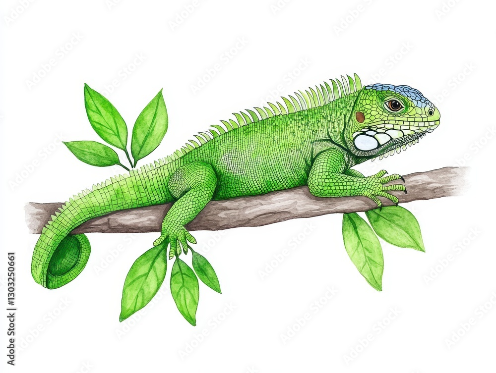 Fototapeta premium Green lizard resting on a branch surrounded by vibrant leaves in a natural setting