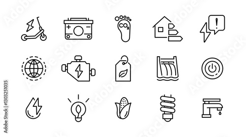 Energy efficiency line icon set. ECO, electric, power, solar panel, economy, battery, re-use, and natural icon collection. UI thin outline icon pack