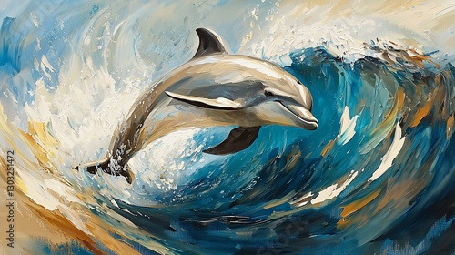Dolphin leaps through ocean wave, vibrant artwork