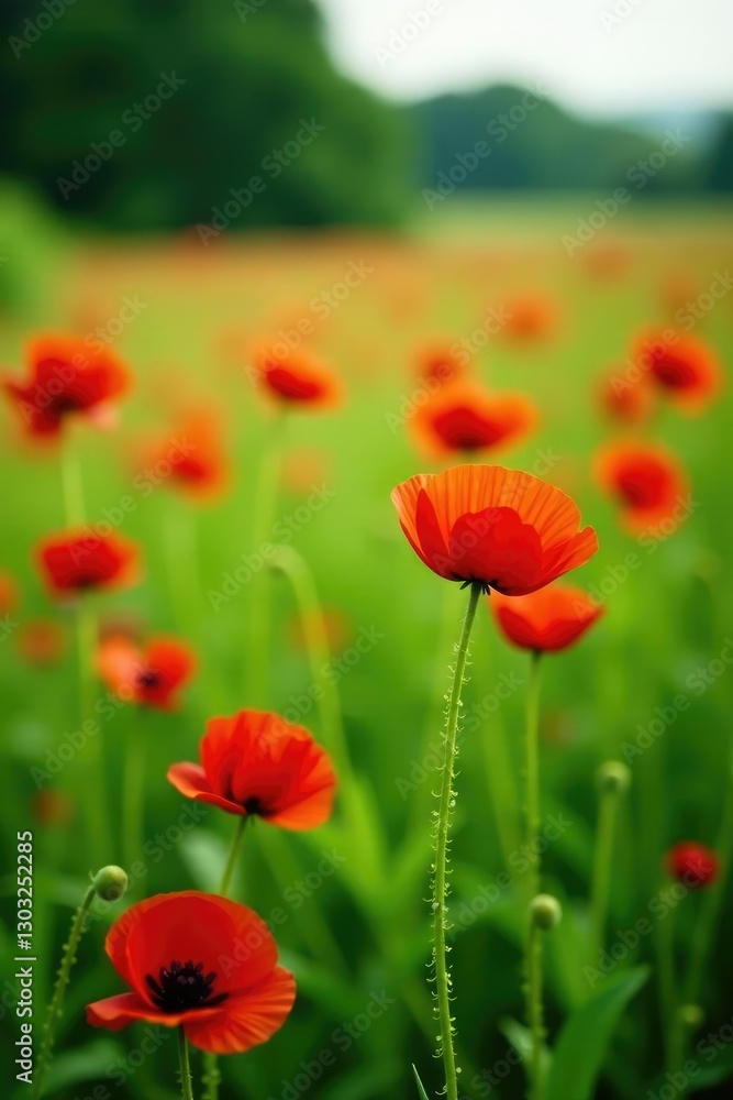 Obraz premium Red poppy blooms in the midst of lush green meadow, field, meadow