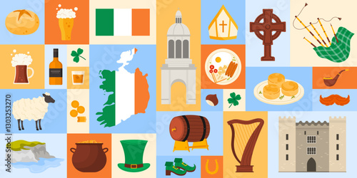 Travel to Ireland, geometric banner design with Irish culture, landmarks and food. Map with country flag, beer and whiskey, traditional good luck elements, Cliffs of Moher cartoon vector illustration