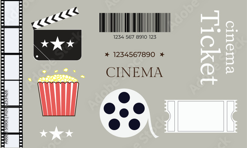 movie ticket set, movie ticket samples, film strip; movie ticket; film; barcode template; Cinema icon set line, clapper board