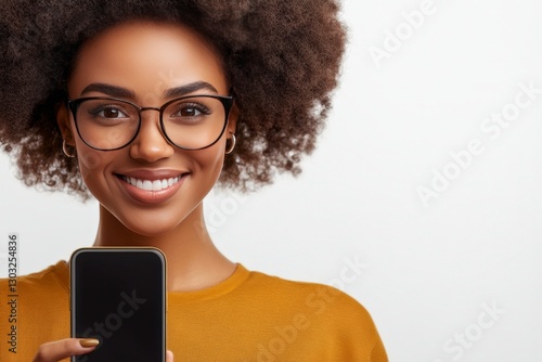 Wallpaper Mural Smiling young woman with curly hair holding smartphone in bright modern setting with cheerful expression Torontodigital.ca