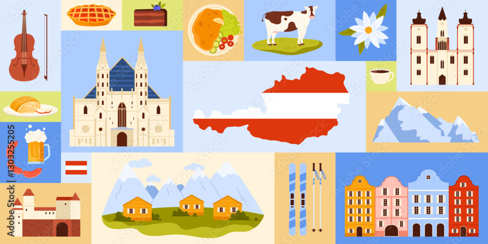 Fototapeta premium Explore the diverse and captivating symbols along with the stunning landscapes that represent Austria unique culture vector illustration