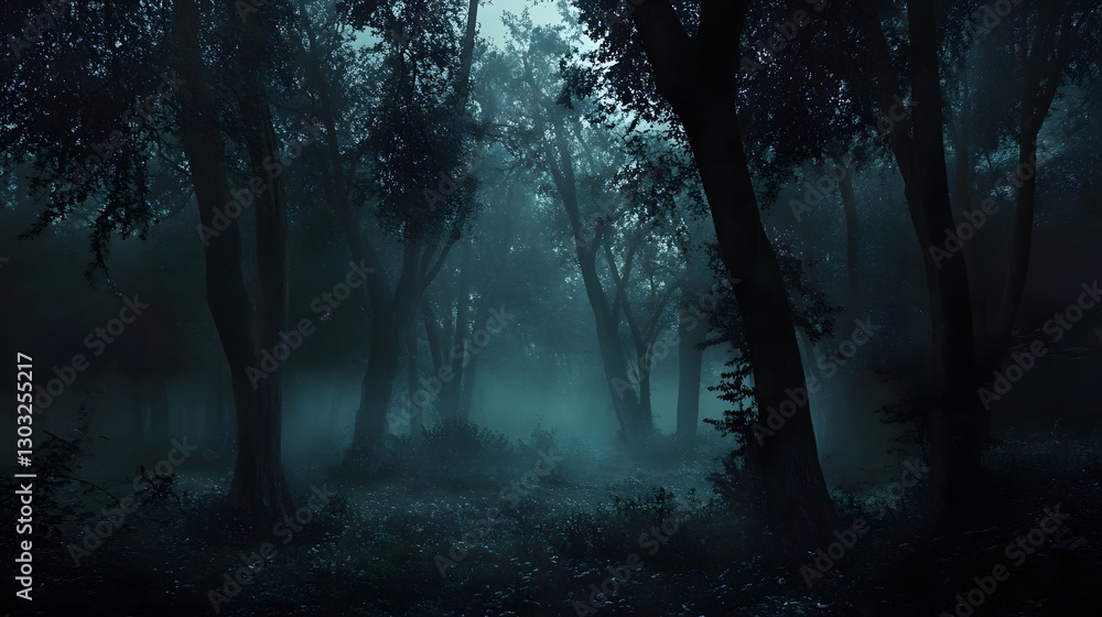 Obraz premium The mysterious forest is filled with thick fog and tall trees