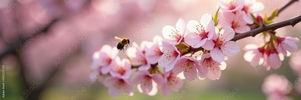 Soft pink petals unfurl on blooming white cherry tree branches, spring flowers, bumblebee, bee garden Soft pink petals unfurl on blooming white cherry tree branches, spring flowers, bumblebee, bee garden