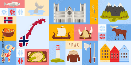 Travel to Norway, geometric infographic banner design with Norwegian culture, landmarks and food. Map with country flag, weapons and ship, viking helmet and wooden church cartoon vector illustration