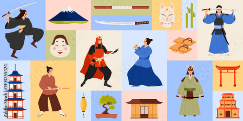 This vibrant and engaging illustration showcases a samurai, along with traditional Japanese items and cultural symbols vector illustration. Represents the japanese national identity.