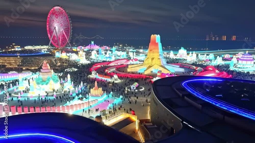Explore Harbin Ice and Snow World with stunning aerial views of the largest ice and snow theme park in the world