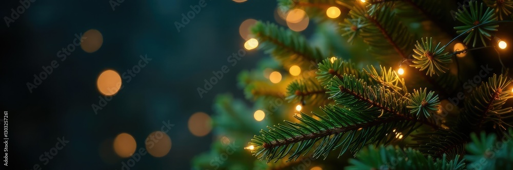 Twinkling string lights on a lush pine garland atop a Christmas tree, pine branches, pine garland, holiday tree