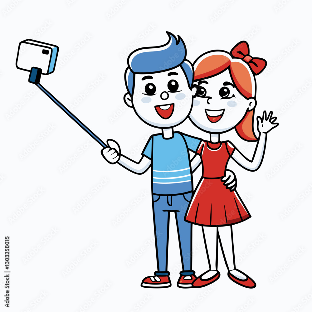 Cute cartoon couple taking a selfie together, happy and fun moment illustration Cute cartoon couple taking a selfie together, happy and fun moment illustration