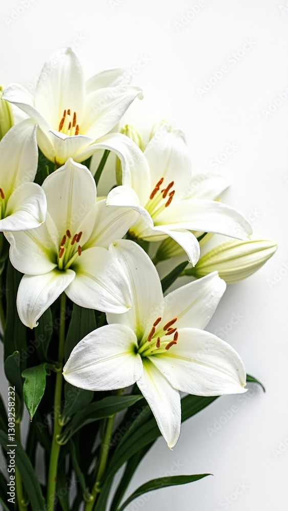 Elegant White Lilies on Bright Background: Serene Floral Arrangement for Sympathy Cards, Memorial Services, and Funeral Tributes Elegant White Lilies on Bright Background: Serene Floral Arrangement for Sympathy Cards, Memorial Services, and Funeral Tributes