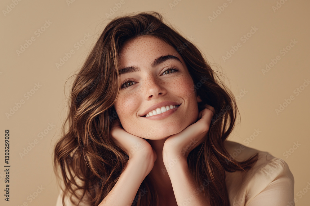 woman with smooth, glowing skin is smiling warmly, showcasing her natural beauty and confidence. Her hair is wavy and voluminous, complementing her joyful expression woman with smooth, glowing skin is smiling warmly, showcasing her natural beauty and confidence. Her hair is wavy and voluminous, complementing her joyful expression