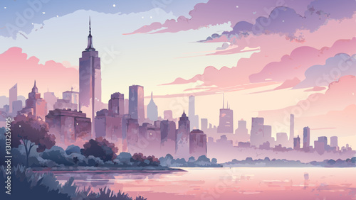 *Watercolor Skyline Background with Copy Space: Soft Pastel Shades of Dawn Breaking Over a City, Evoking Tranquility and Hope