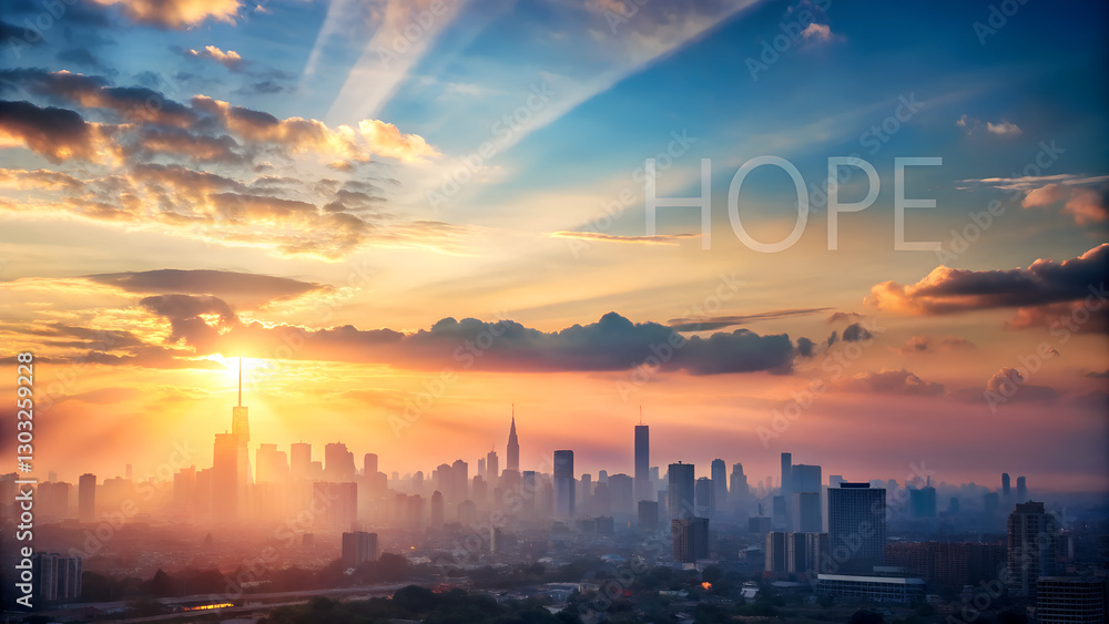 Fototapeta premium Skyline Background with Copy Space: Soft Pastel Shades of Dawn Breaking Over a City, Evoking Tranquility and Hope