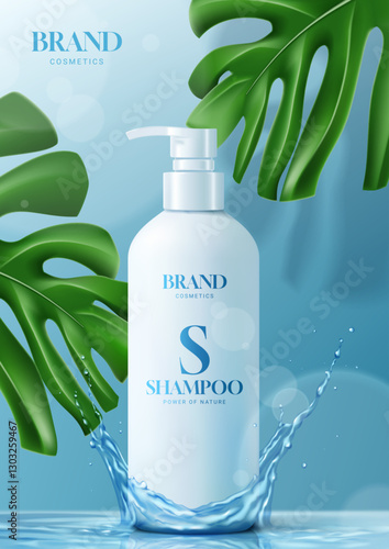 Ad poster of hair shampoo or conditioner. 3d vector illustration of cosmetic product. Realistic bottle in water splash with monstera leaves on background. Beauty product advertising or shampoo.